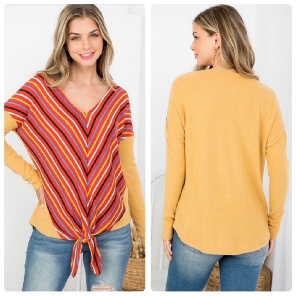 🍂 Boho Long-Sleeved Tie-Front Top Yellow and Red